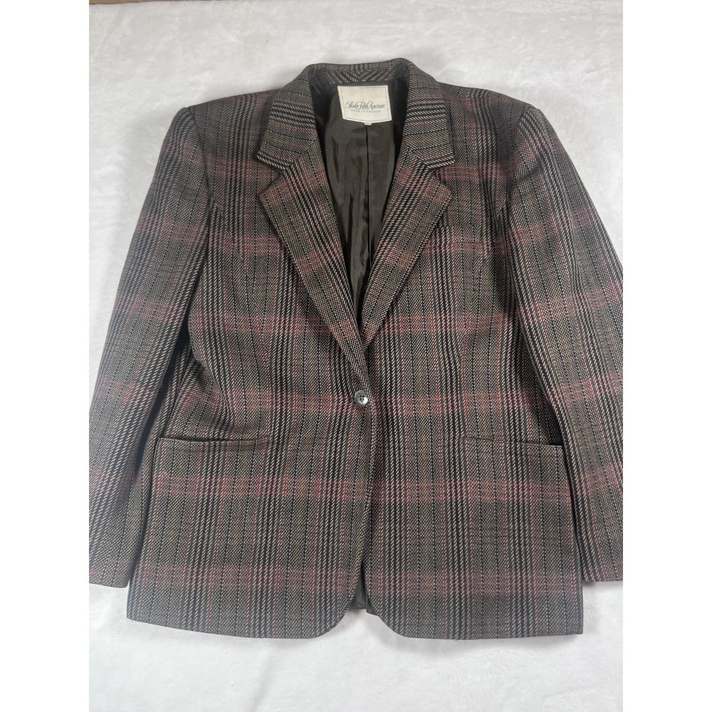 Saks Fifth Avenue Blazer Jacket Womens 42 Brown Plaid Wool Made‎ France Lined